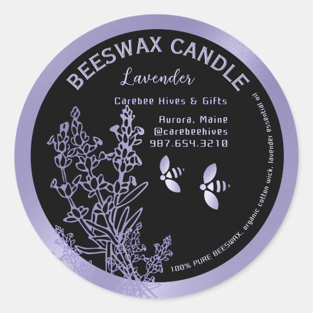 Lavender Beeswax Candle Label with flowers & bees (Front)