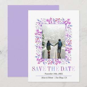 Lavender berries, leaves border winter wedding save the date