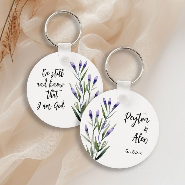 Lavender Bible Verse Christian Wedding Guest Favou Keychain ("Be still and know that I am God" lavender on white custom keychain)
