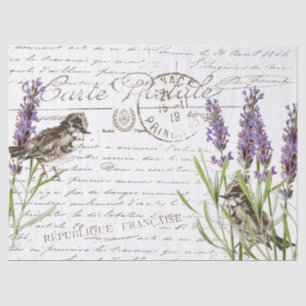 Lavender Bird Postcard French Script Decoupage Tissue Paper
