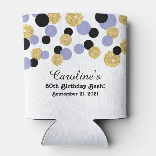 Lavender, Black and Gold Glitter Confetti | 50th Can Cooler (Back)