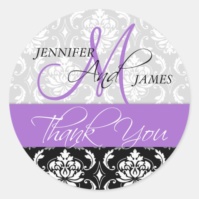 Lavender Black Damask Wedding Favour Sticker (Front)