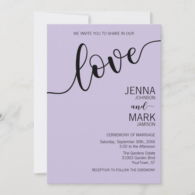 Lavender Black Love Script Minimalist Wedding Invitation (Front)