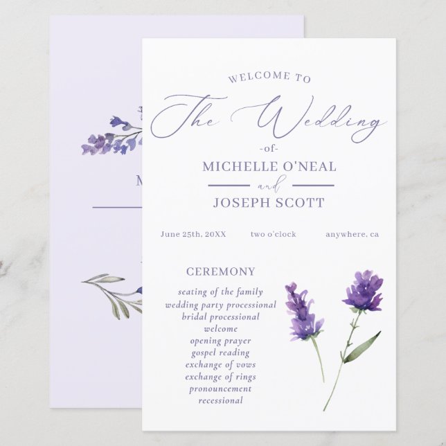Lavender Bliss Elegant Watercolor Wedding Program (Front/Back)
