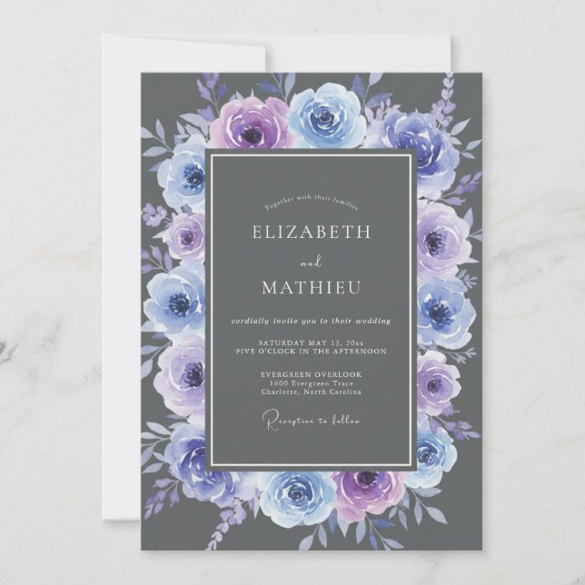 Lavender Blue Floral Botanical Wedding Invitation (Front)