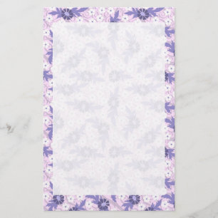 Lavender Blue Flowers Border Print Stationery