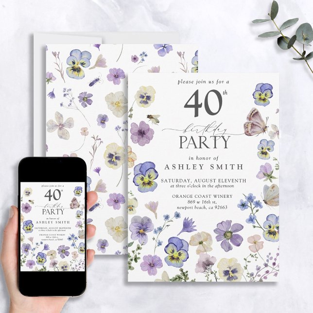 Lavender Blue Pressed Floral 40th Birthday Invitat Invitation (Creator Uploaded)