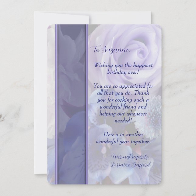 Lavender Blue Spring Rose Floral Birthday Card (Front)
