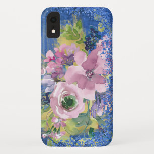 Lavender Blues Watercolor Floral Glitter iPhone XR Case