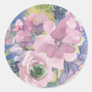 Lavender Blues Watercolor Floral Glitter Classic Round Sticker