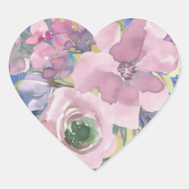 Lavender Blues Watercolor Floral Glitter Heart Sticker (Front)