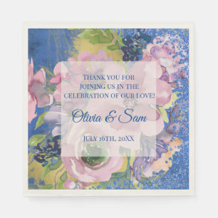 Lavender Blues Watercolor Floral Glitter Wedding Napkin