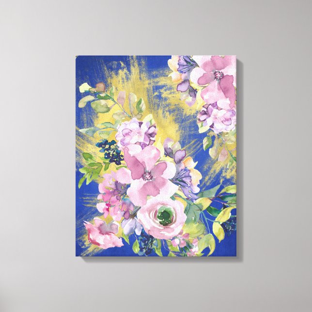 Lavender Blues Watercolor Floral  Metallic Gold Canvas Print (Front)