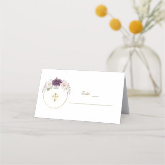 Lavender Blush Flowers Gold Baptism Table Number Place Card