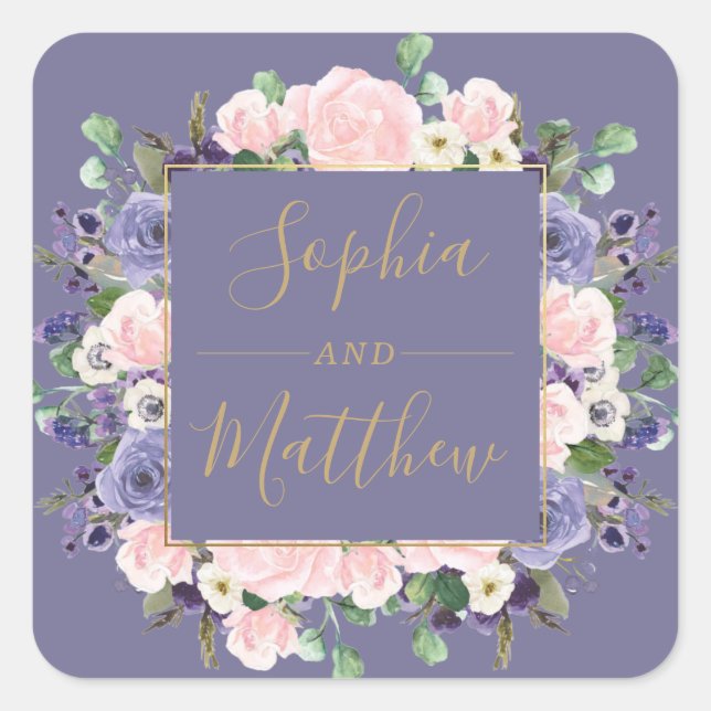 Lavender Blush Purple Floral Gold Wedding Favour Square Sticker (Front)