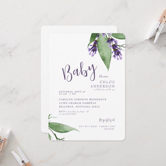 Lavender Botanical Baby Girl Shower Invitation (Front/Back In Situ)