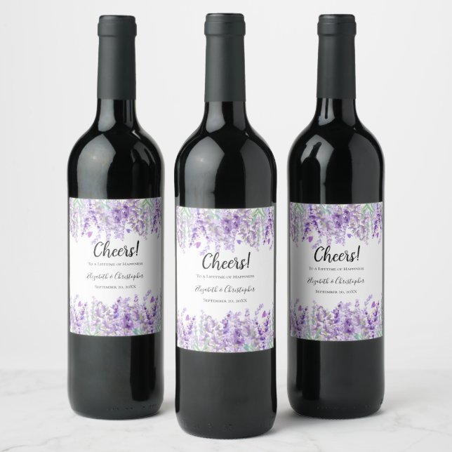 Lavender Botanical Floral Purple Green Wedding Wine Label (Bottles)