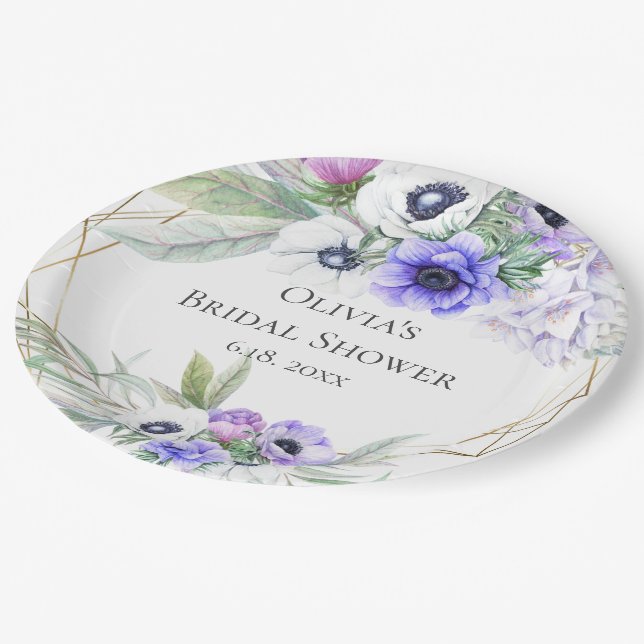 Lavender Botanical Violet Anemone Bridal Shower Paper Plate (Angled)