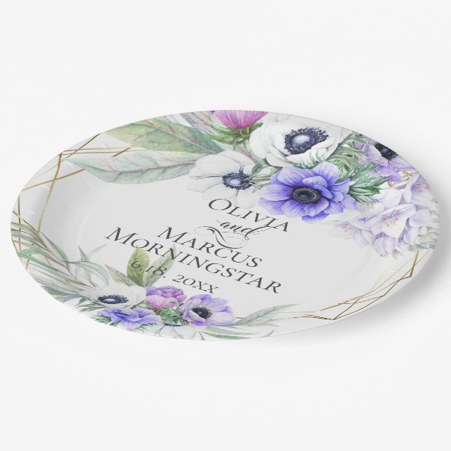 Lavender Botanical Violet Anemone Floral Bouquets Paper Plate (Angled)