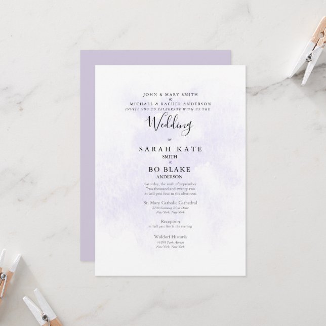 Lavender Both Sets Parents Two Venues Wedding Invitation (Front/Back In Situ)