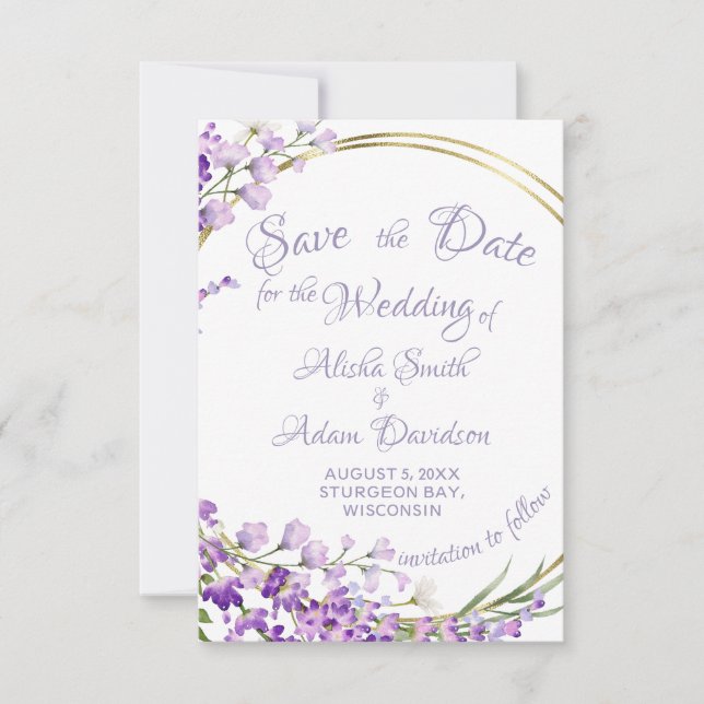 Lavender Bouquet Wreath Wedding Save The Date Card (Front)