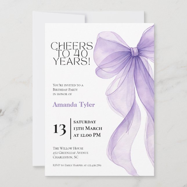 Lavender Bow 40th Birthday Invitation (Front)