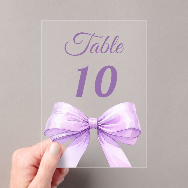 Lavender bow acrylic table number sign (Insitu (Handheld))