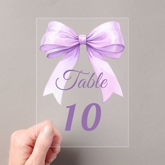 Lavender bow acrylic table number sign (Insitu (Handheld))
