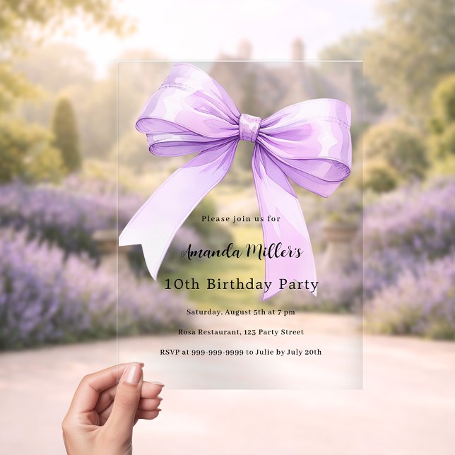 Lavender bow coquette girl luxury clear birthday acrylic invitations (Creator Uploaded)