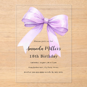 Lavender bow elegant clear birthday acrylic invitations