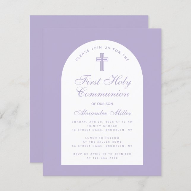Lavender Boy First Communion Budget Invitation (Front/Back)