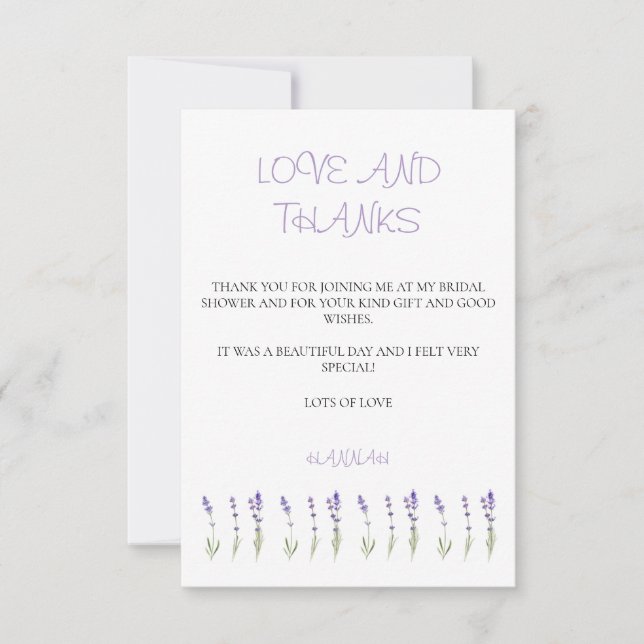 Lavender Bridal Shower Thank You  Card (Front)