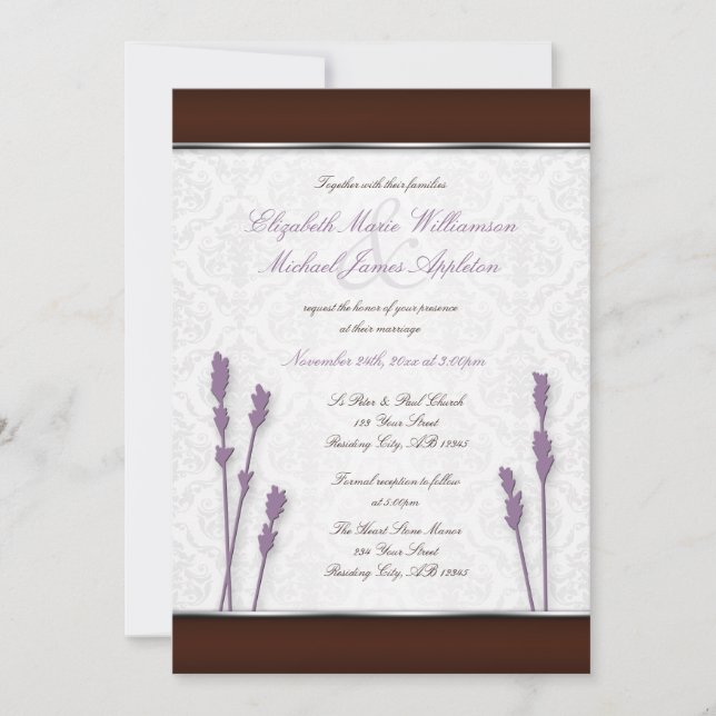 Lavender & Brown Grey Damask Wedding Invitations (Front)