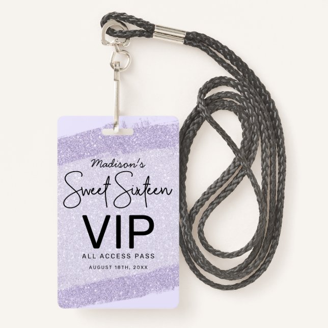 Lavender Brush Glitter Sweet 16 Invitation VIP Badge (Front with Lanyard)