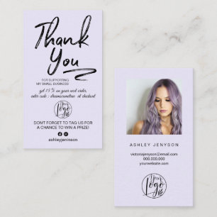 Lavender brushed script photo logo order thank you business card
