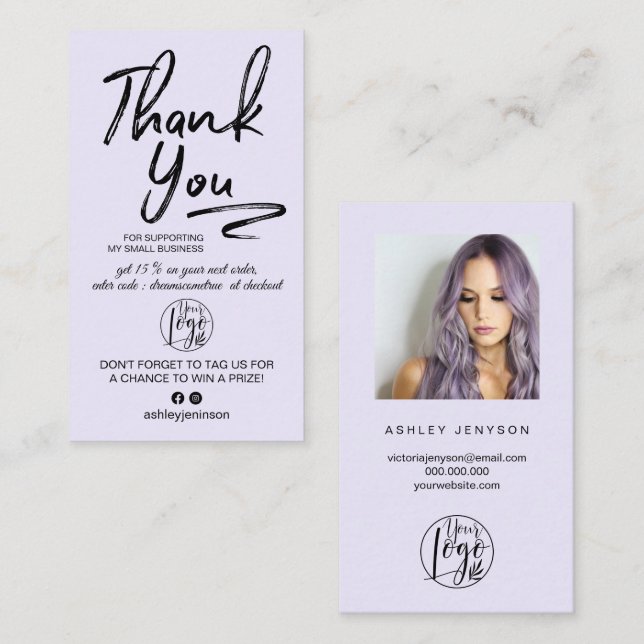 Lavender brushed script photo logo order thank you business card (Front/Back)
