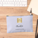 Lavender business logo name monogram accessory pouch<br><div class="desc">A lavender coloured background,  black and grey text. Personalize and add your business logo,  first name,  monogram initials and full name.</div>