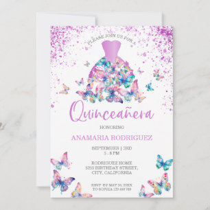 Lavender Butterflies Gown Blush Floral Quinceanera Invitation