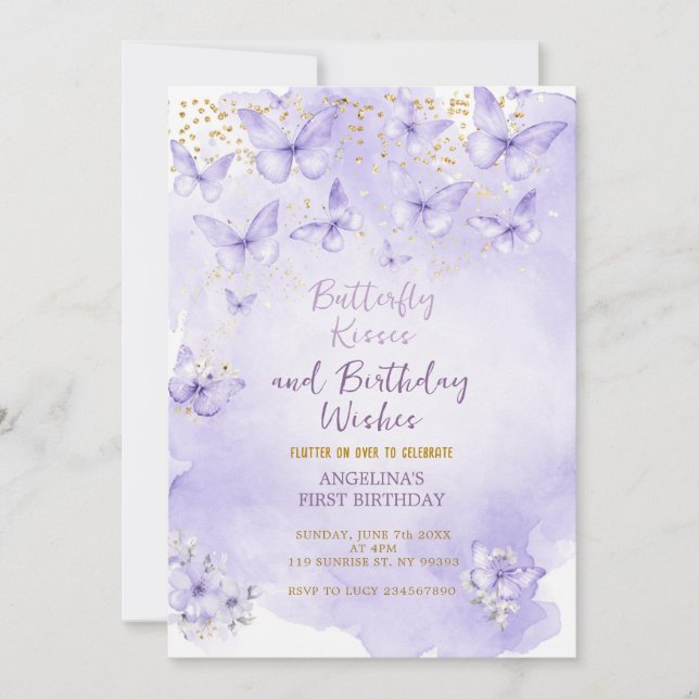 Lavender Butterfly First Birthday Invitation (Devant)