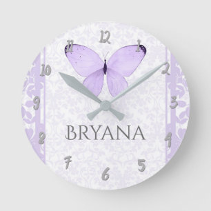 Lavender Butterfly Nursery Room Personalized Round Clock