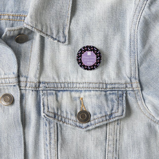 Lavender Butterfly & Pink Floral Seamless Pattern 1 Inch Round Button (In Situ)