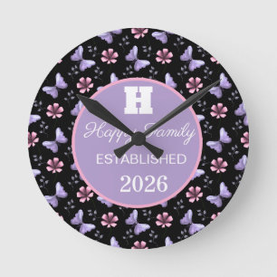 Lavender Butterfly & Pink Floral Seamless Pattern Round Clock