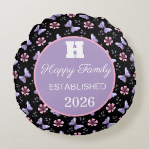 Lavender Butterfly & Pink Floral Seamless Pattern Round Pillow