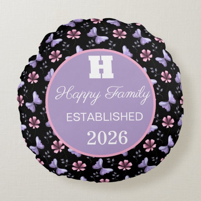 Lavender Butterfly & Pink Floral Seamless Pattern Round Pillow (Front)