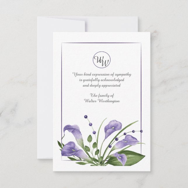 Lavender Calla Lilies Carte de remerciements de sy (Devant)