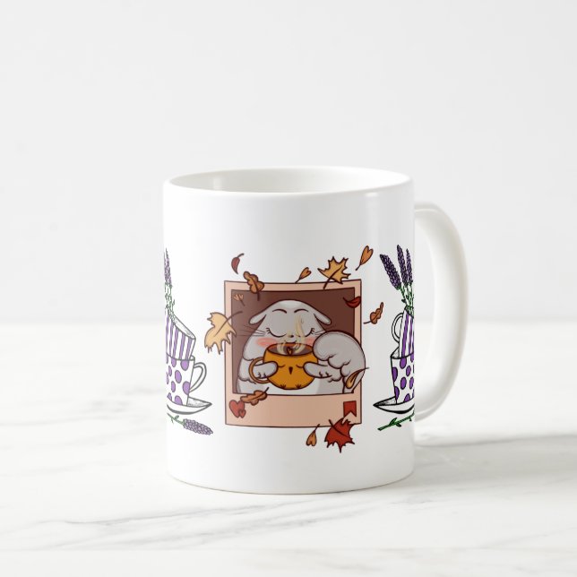 Lavender Cat Coffee Drink Poster – Charming Feline Mug (Front Right)
