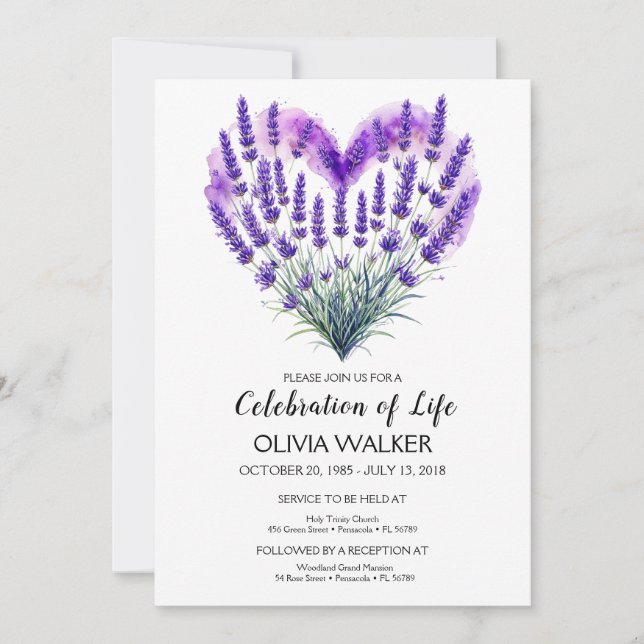 Lavender Celebration of Life  Invitation (Front)