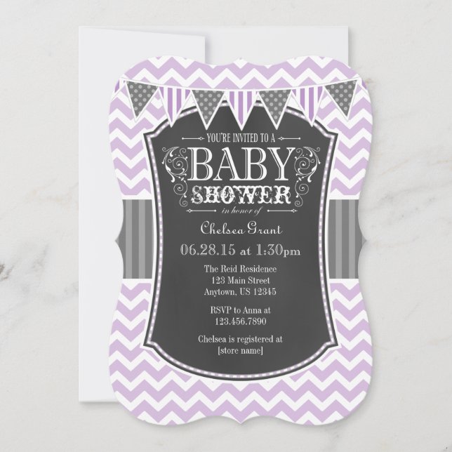 Lavender Chalkboard Chevron Baby Shower Invite (Front)