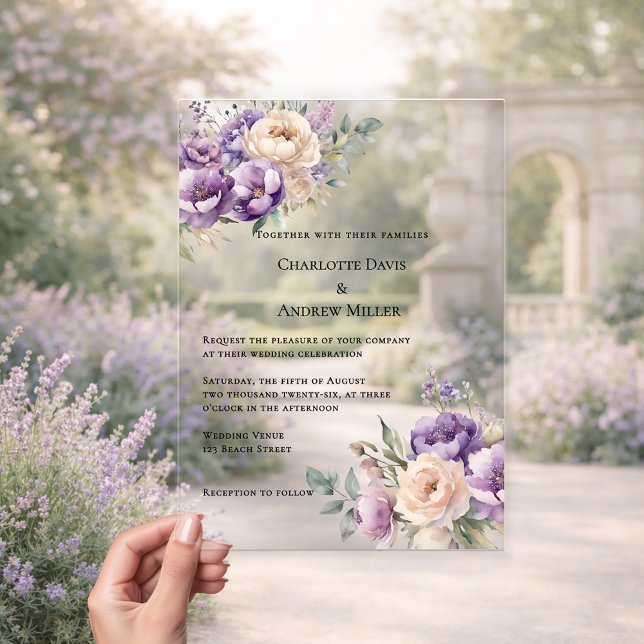 Lavender champagne cream floral luxury wedding acrylic invitations (Creator Uploaded)