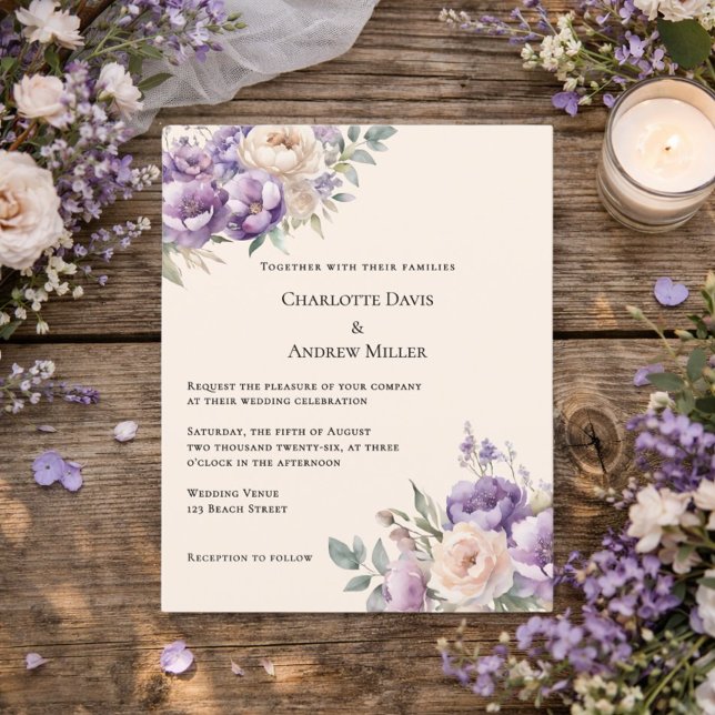 Lavender champagne cream floral wedding invitation (Creator Uploaded)